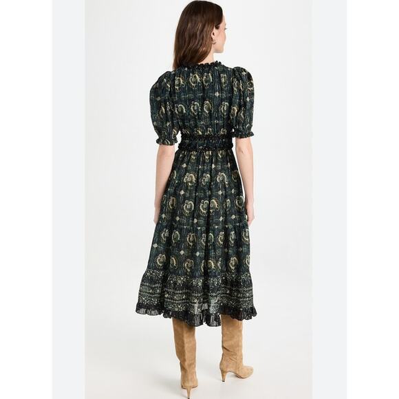 Ulla Johnson Elli Dress Womens 10 Green Paisley Puff Sleeve Pockets Cotton - Picture 2 of 12